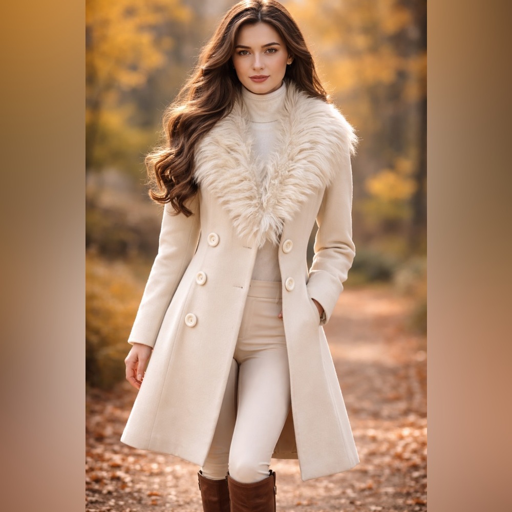 RARE Penny Lane Feminiella Arctic Fox Collar Cream Wool Coat True Vintage Small